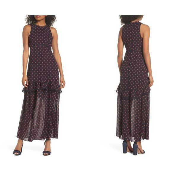 NWTD NSR Size M Polka Dot Print Sleeveless Ruffle Maxi Dress Navy Rust - Picture 1 of 15